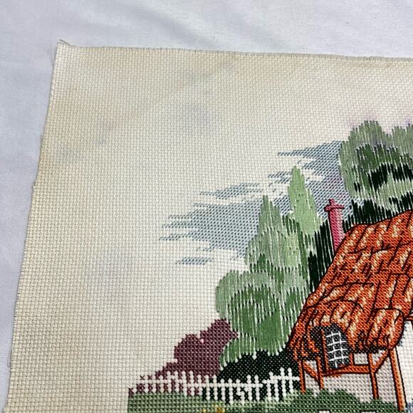 Vintage Handmade Cross Stitch Cottage Landscape Scene 18"x14" Unframed - Picture 5 of 10